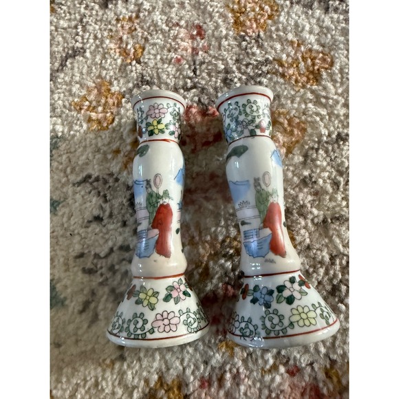 Vintage Chinese Porcelain Candlestick Pair Hand Painted Floral Landscape 5.25\